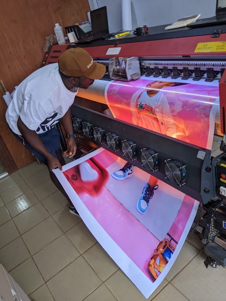 Roll-up banner being printed on wide format machine in Lagos