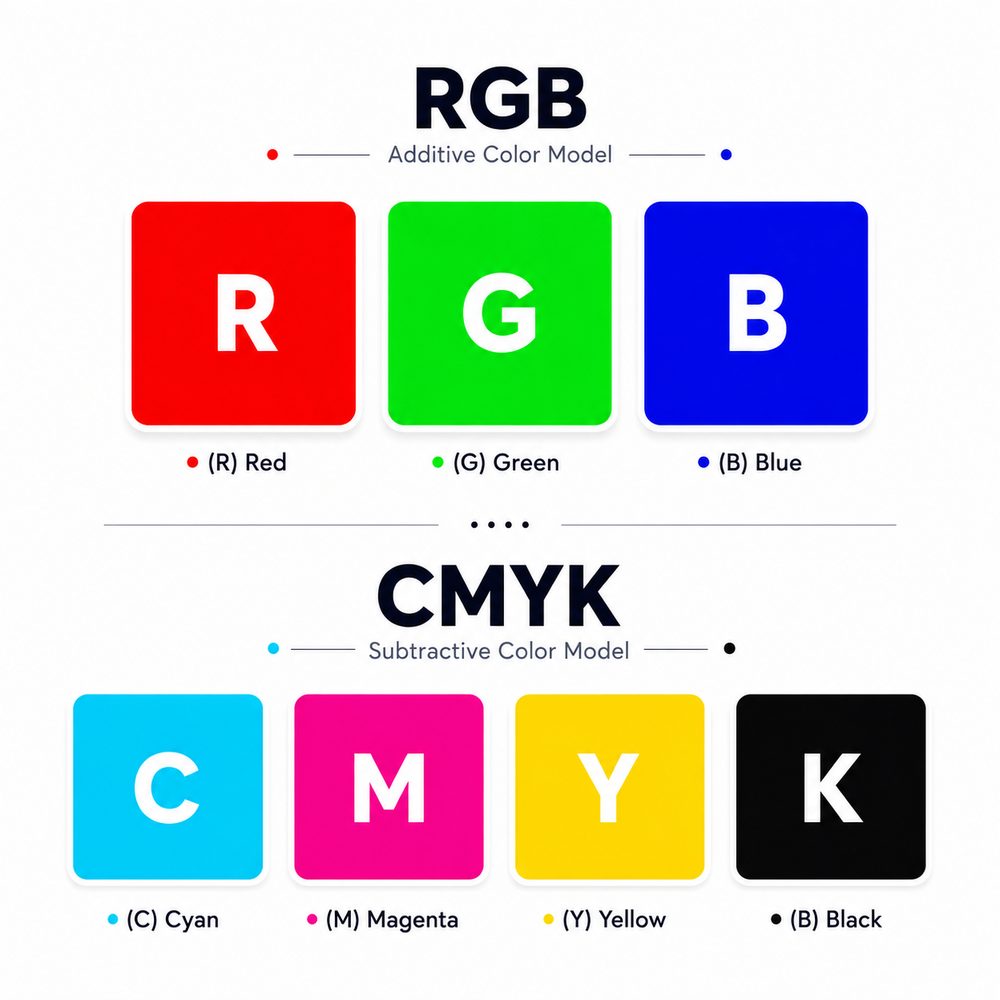 RGB additive colour model compared with CMYK subtractive colour model